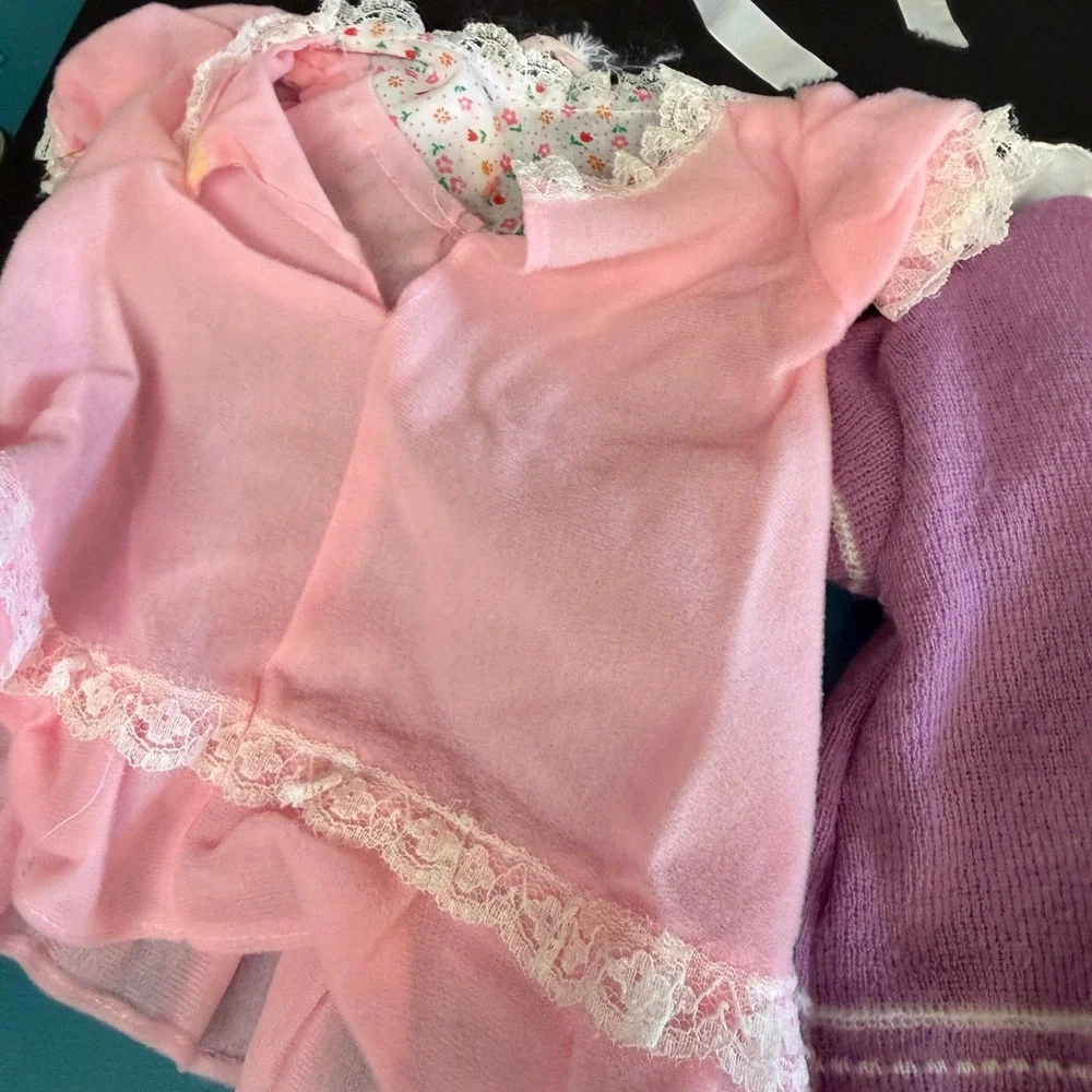 Vintage Doll Clothes Lot Red Coat Purple Knit Dress Pink Gown Floral Outfits